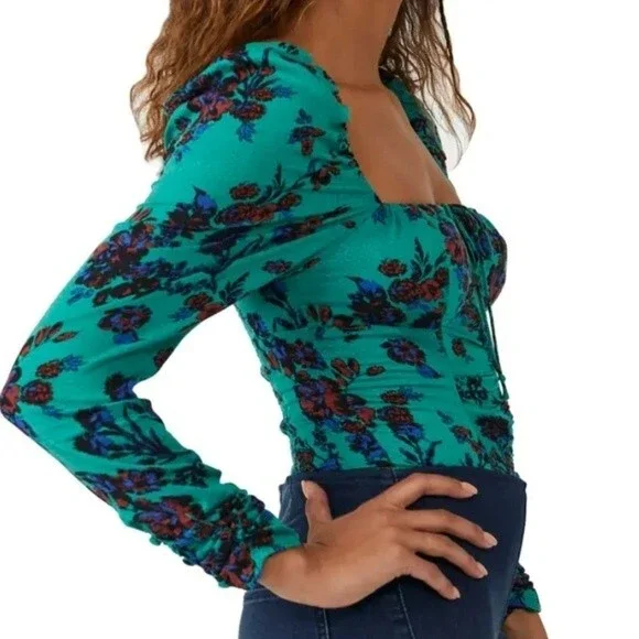 Free People Hilary Printed Top in green combo size S New With Tag - Picture 3 of 12